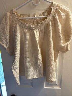 Cream Gauze Peasant Blouse with Ruffled Neckline